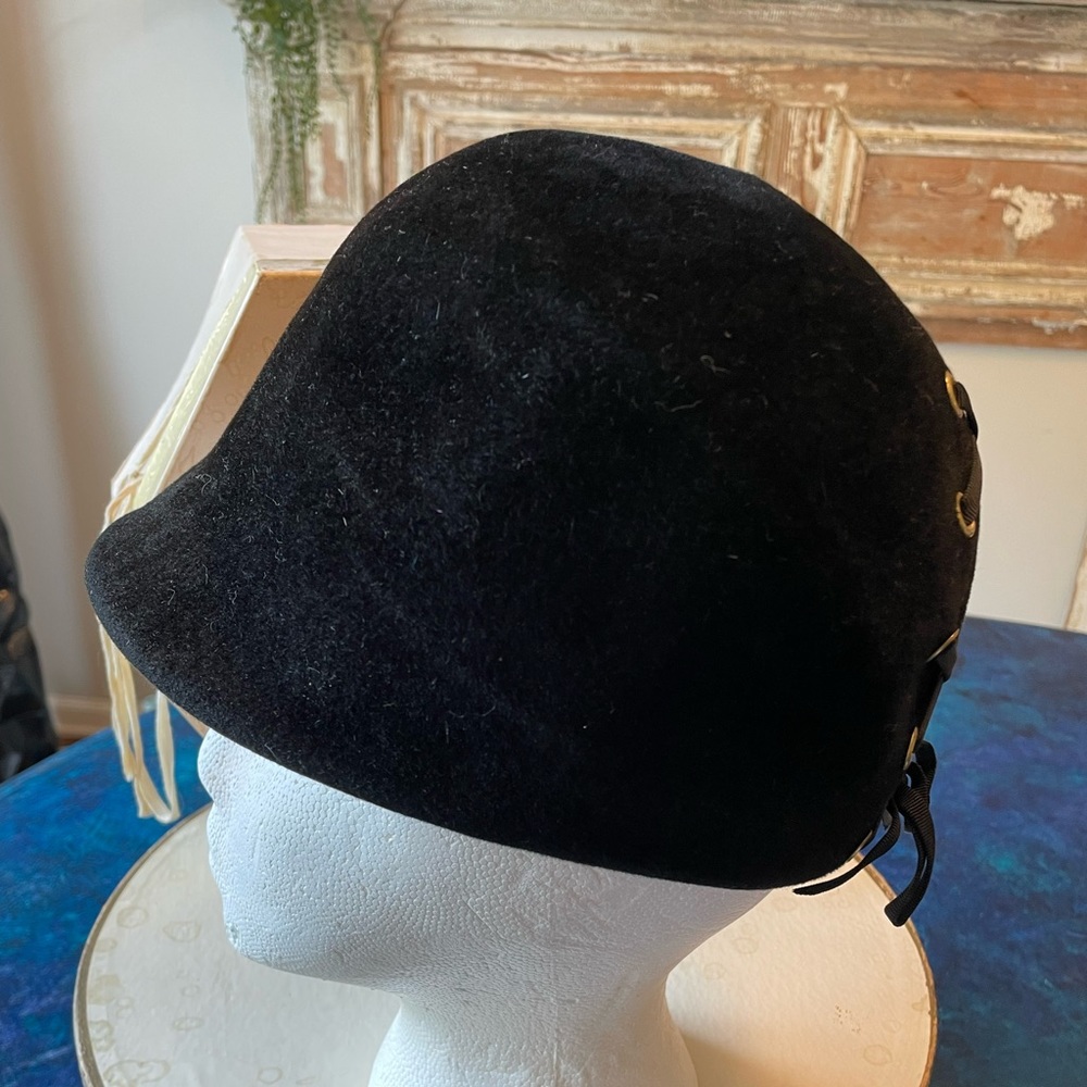 Peachbloom  vintage jockey style hat in black imported fur with lace up back